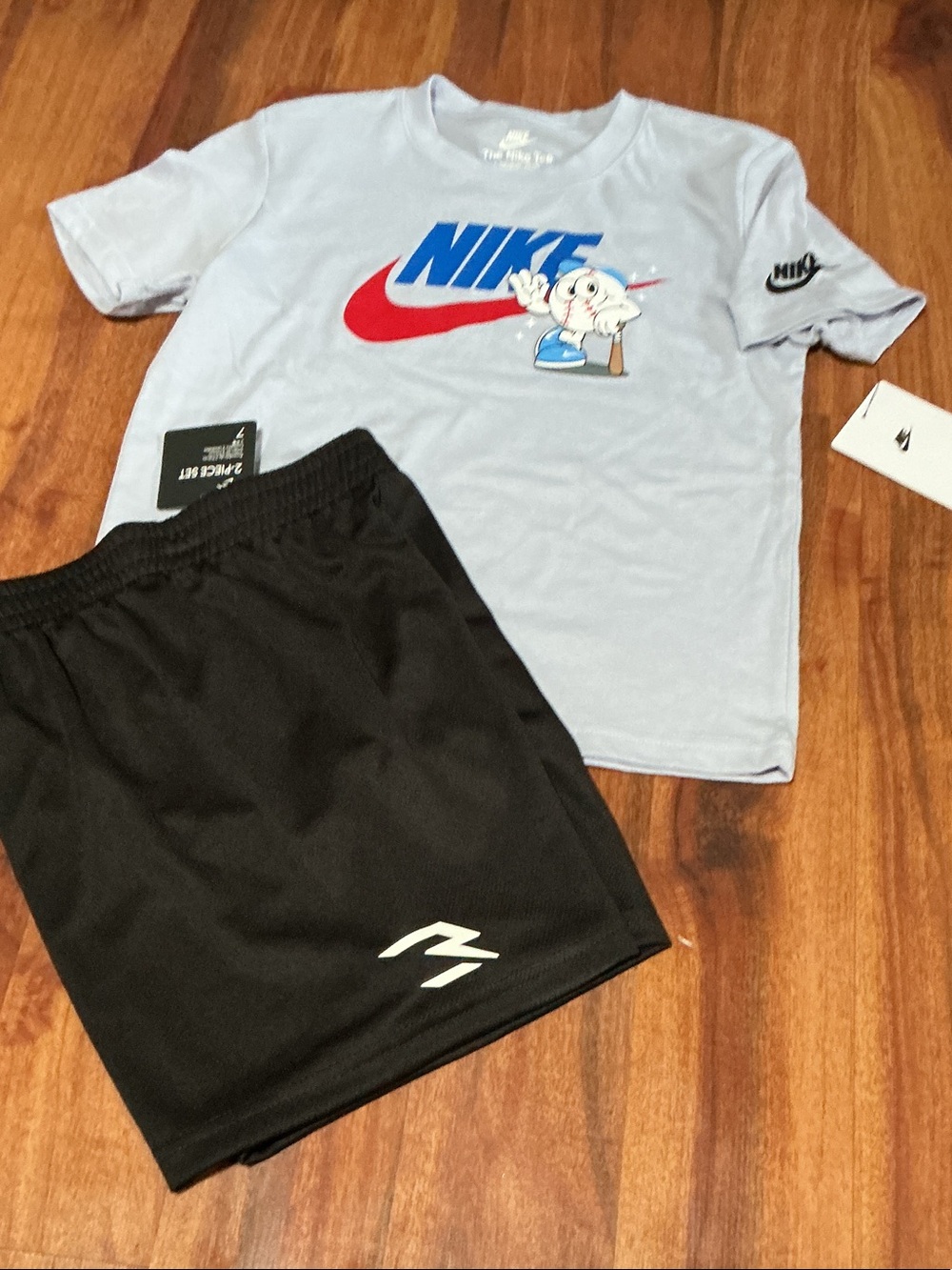 Nike Kids Light Blue Graphic Tee with Black Athletic Shorts nwt sz 7